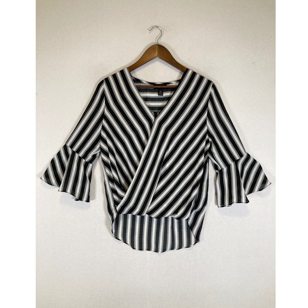 Chic Striped A. Byer Womens Medium Black White Wrap Front Bell Sleeve Blouse
